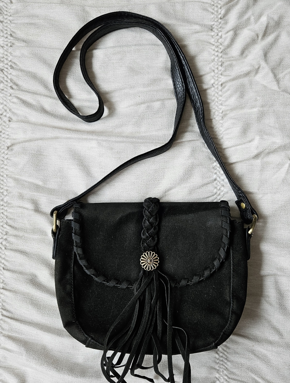 Black Suede Crossbody Bag with Braided Tassel Fringe
